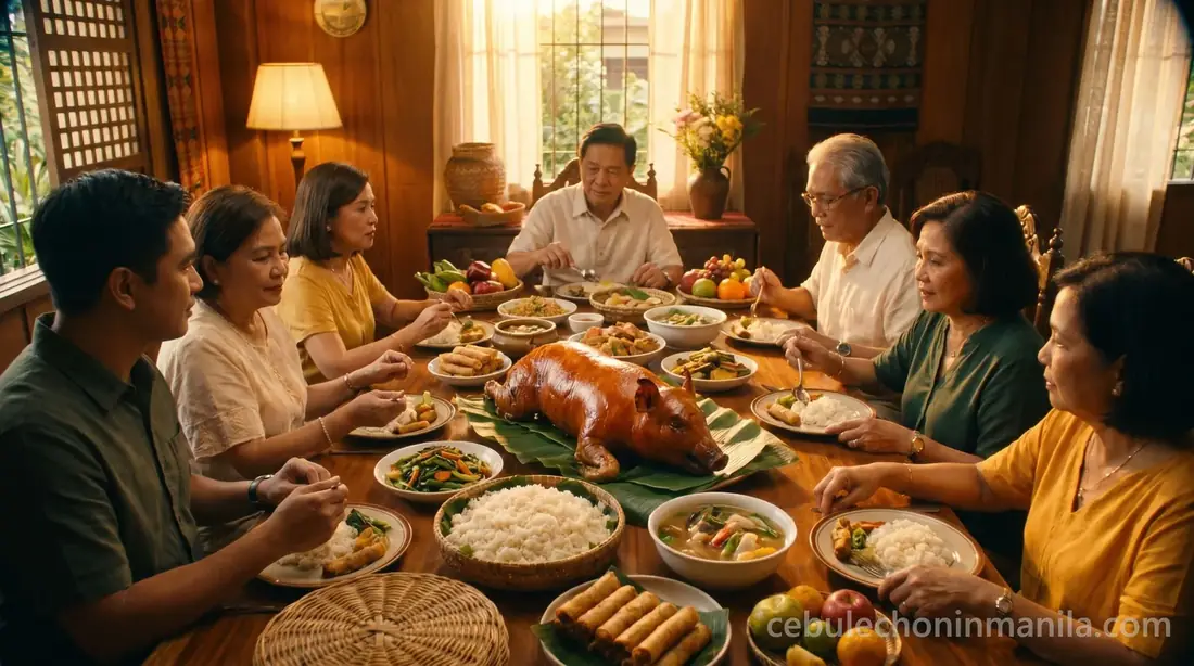 A big Filipino family gathered around a whole Cebu lechon at the celebration table