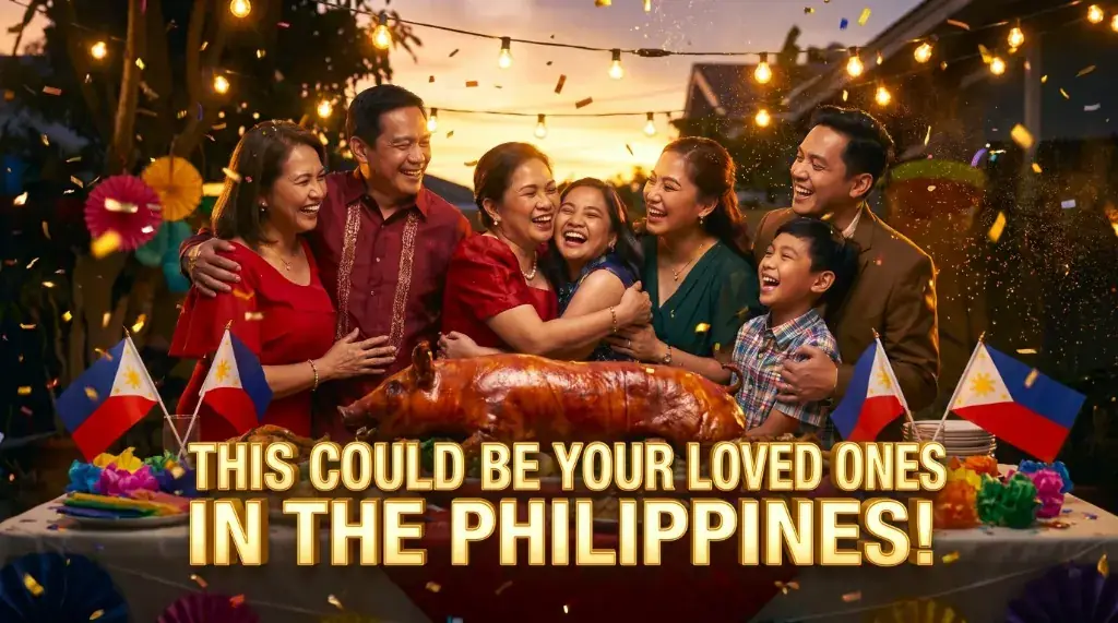 A Filipino family in the Philippines celebrating around a whole Cebu lechon