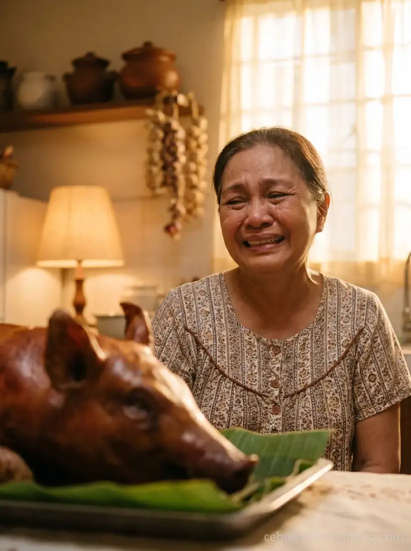 A grandmother smiling beside the whole lechon