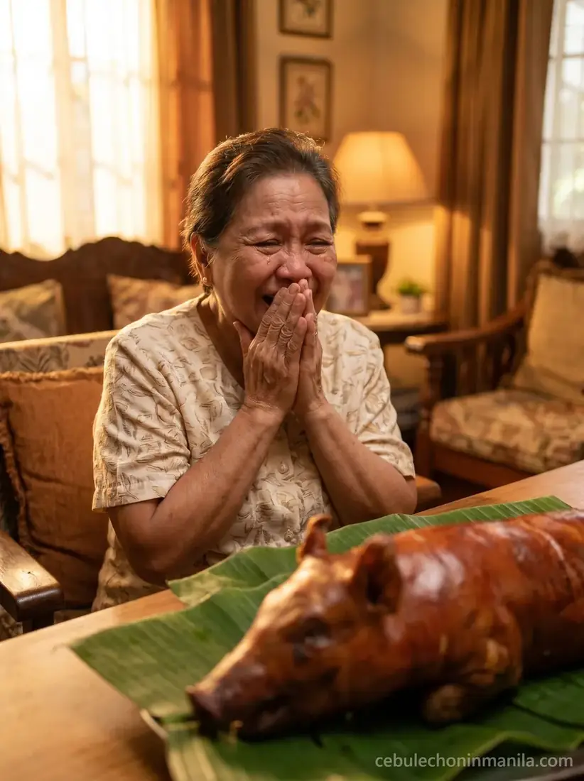 Grandmother moved to tears beside the whole lechon