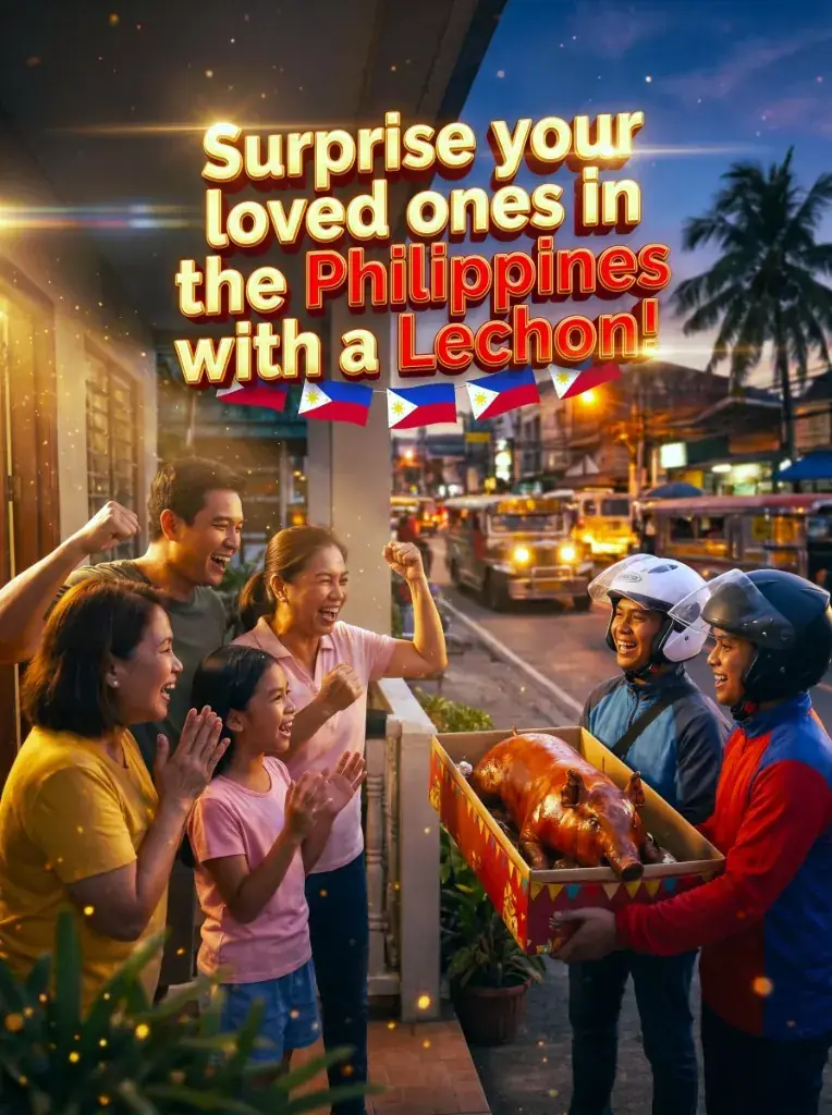 Delivery riders bringing a surprise Cebu lechon to a Manila family