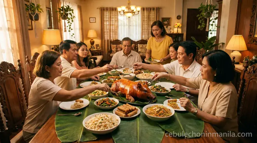 Hands reaching across a celebration table for Cebu lechon